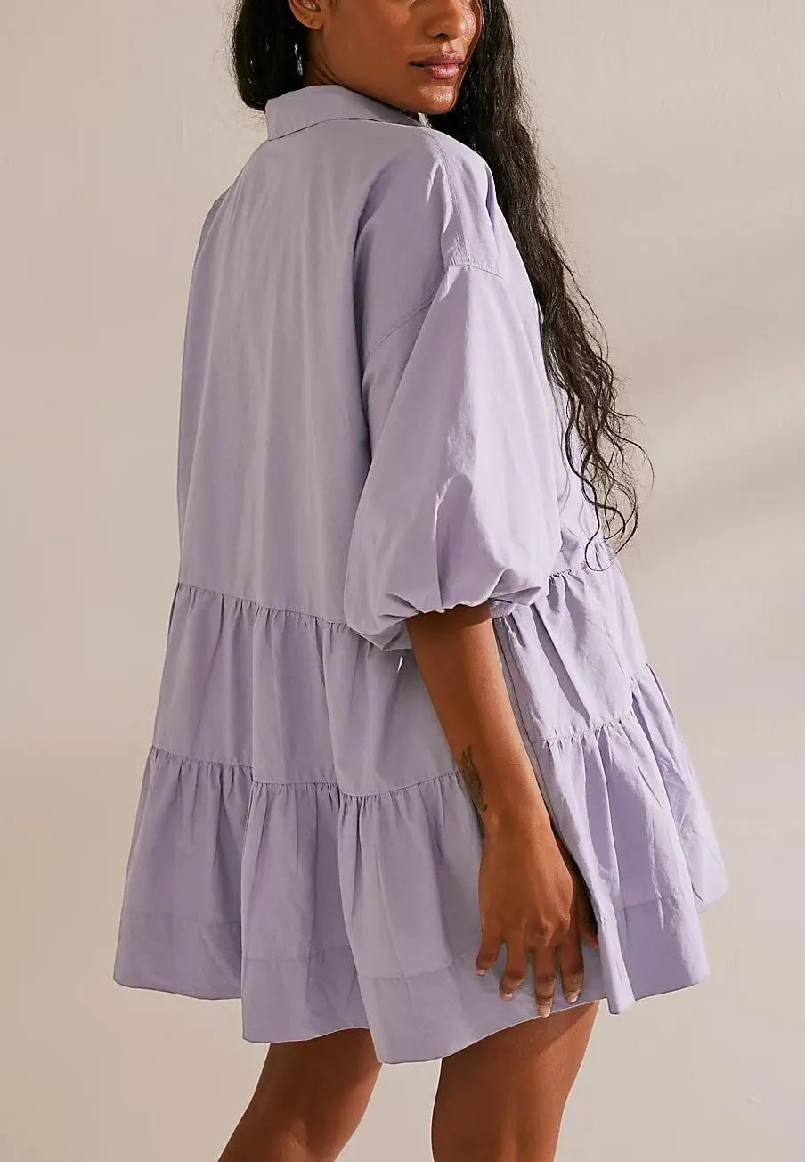 Chouyatou Women's Summer Puff Sleeve Tiered Tunic Babydoll Dress Cute Mini Button Down Shirt Dress
