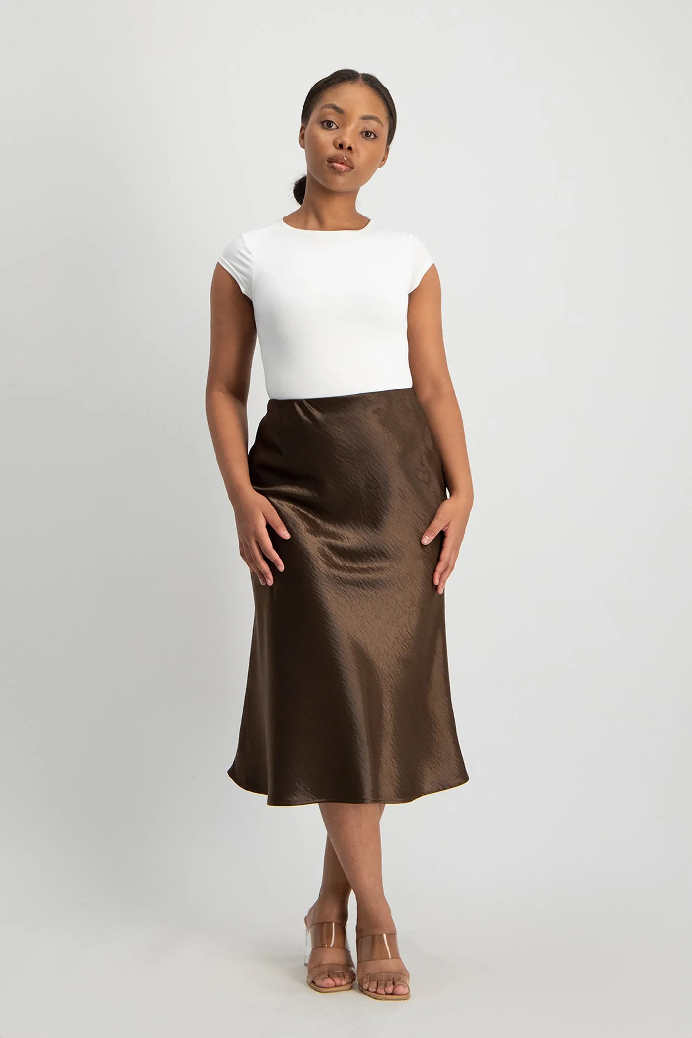 Natalie Satin Midi Skirt - Chocolate